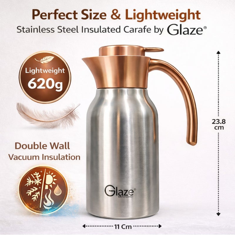 Glaze Vacuum Stainless Steel Insulated Flask 1.2L – Double Wall Thermal Carafe – 12 Hours Hot & Cold – 100% Food Grade Stainless Steel – Elegant Handle Coffee & Tea Pot – Premium Serving Thermos - Image 5